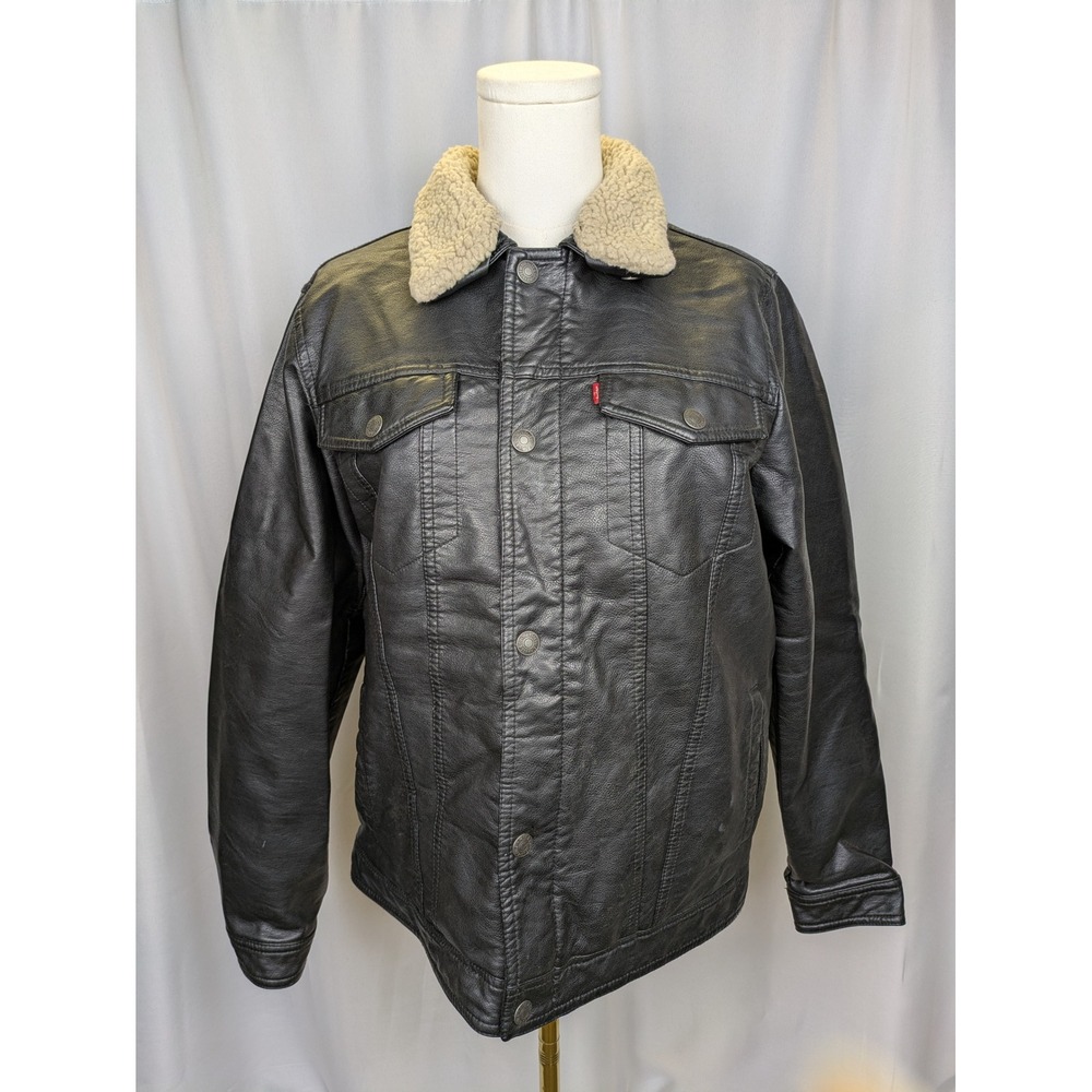 Levi Strauss Faux Leather Black Trucker Jacket Sherpa Collar Coat Lined‎ XL Boys